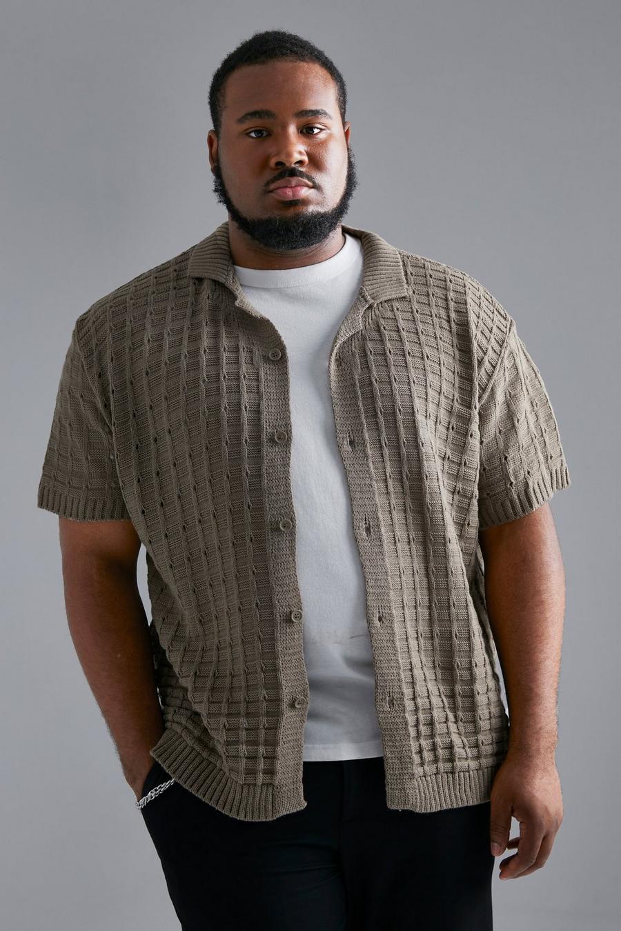 Camicia Plus Size in maglia in maglia intrecciata con bottoni, Taupe image number 1