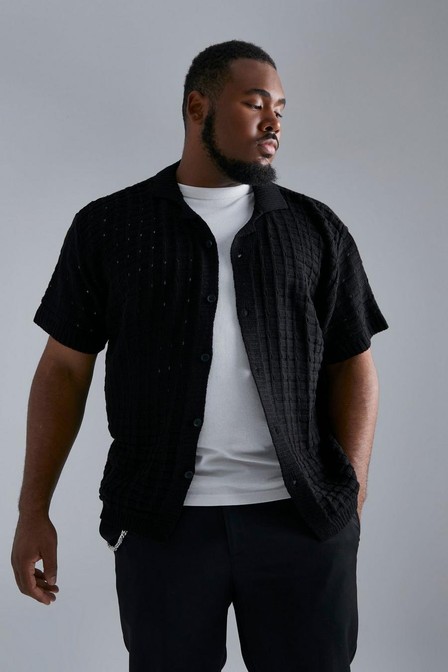 Black Plus Open Stitch Button Down Knitted Shirt image number 1