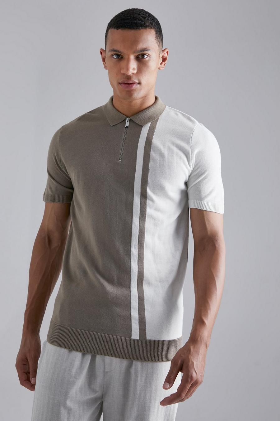 Taupe Tall Muscle Fit Colour Block Knitted Polo image number 1