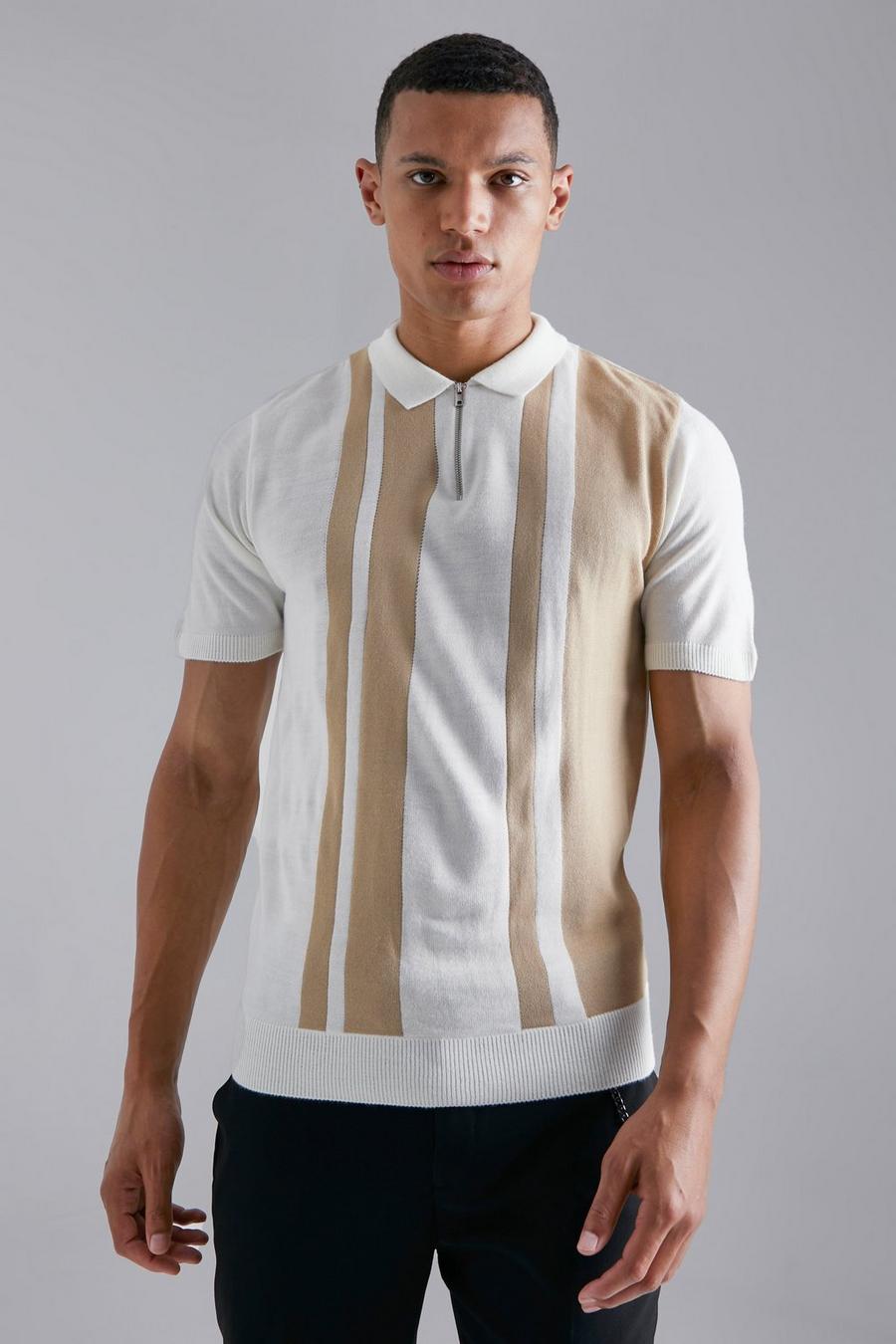 Stone beige Tall Muscle Fit Striped Knitted Polo