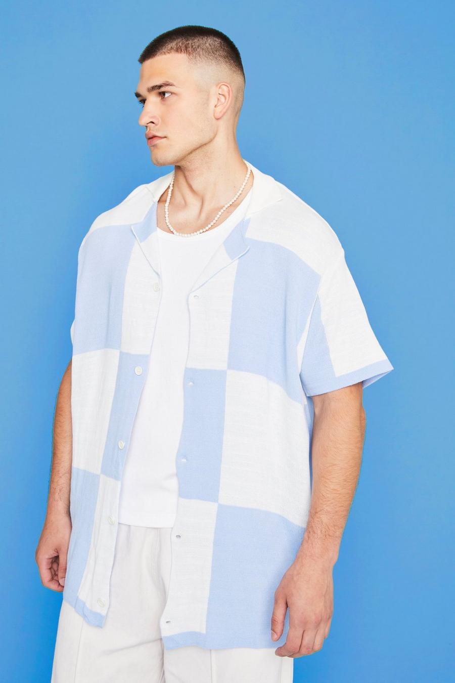 Pale blue azzurro Tall Checkerboard Short Sleeve Knitted Shirt