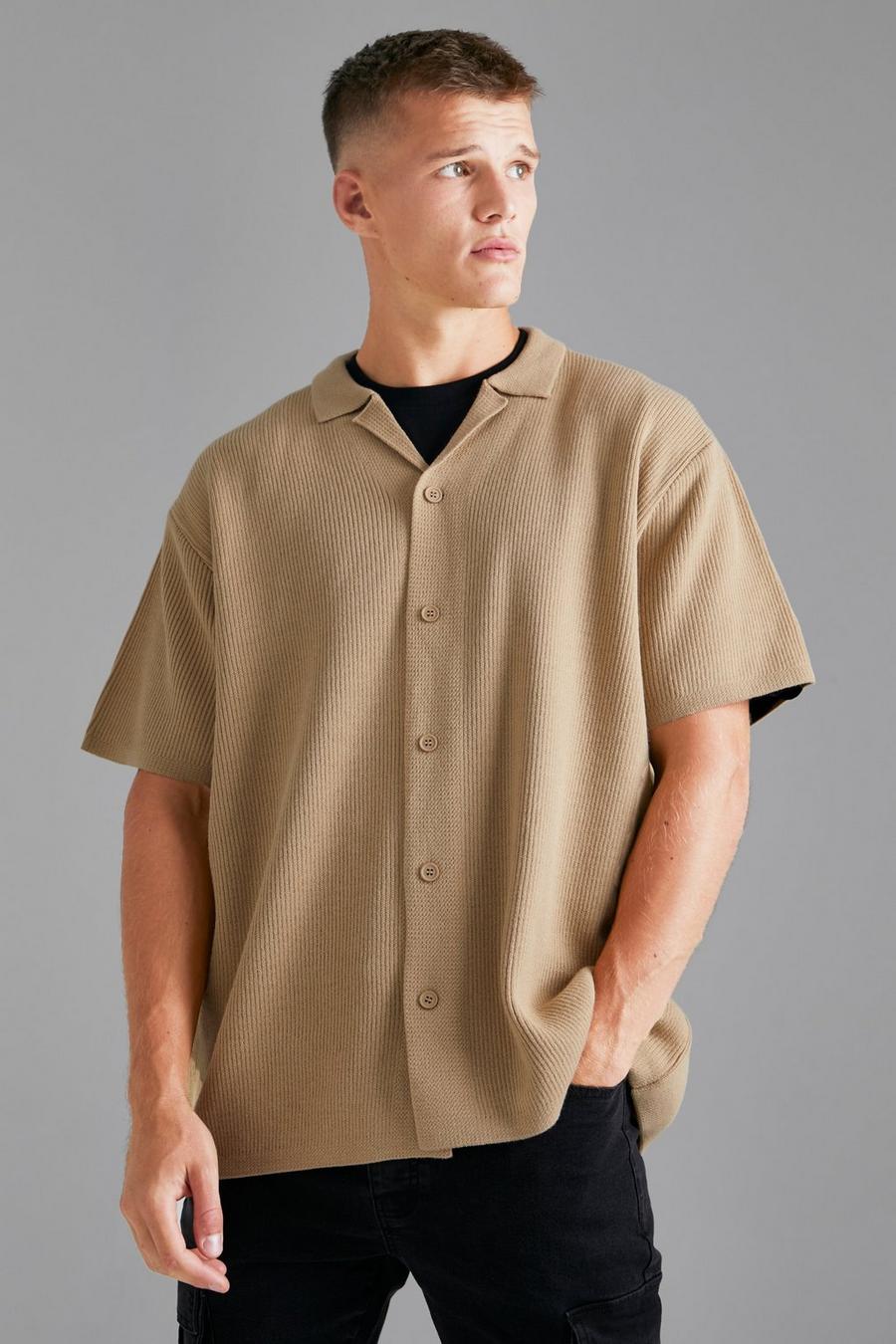 Stone beige Tall Short Sleeve Knitted Ribbed Revere Shirt image number 1