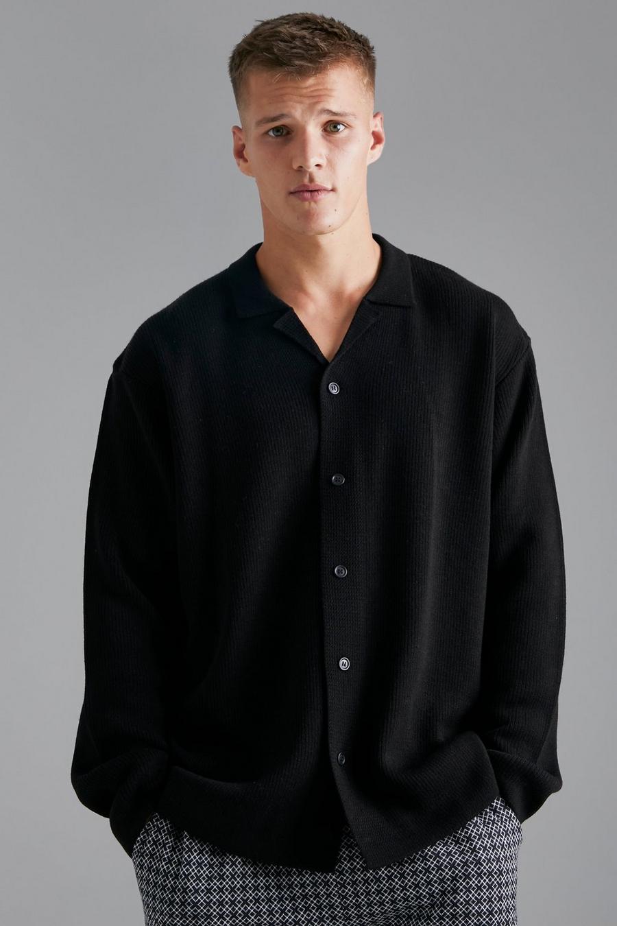 Black schwarz Tall Long Sleeve Knitted Ribbed Revere Shirt