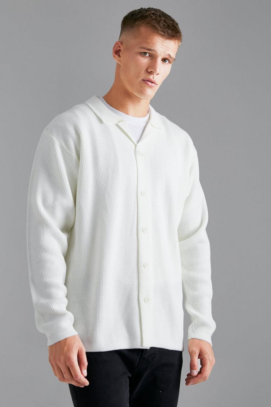 Ecru white Tall Long Sleeve Knitted Ribbed Revere Shirt