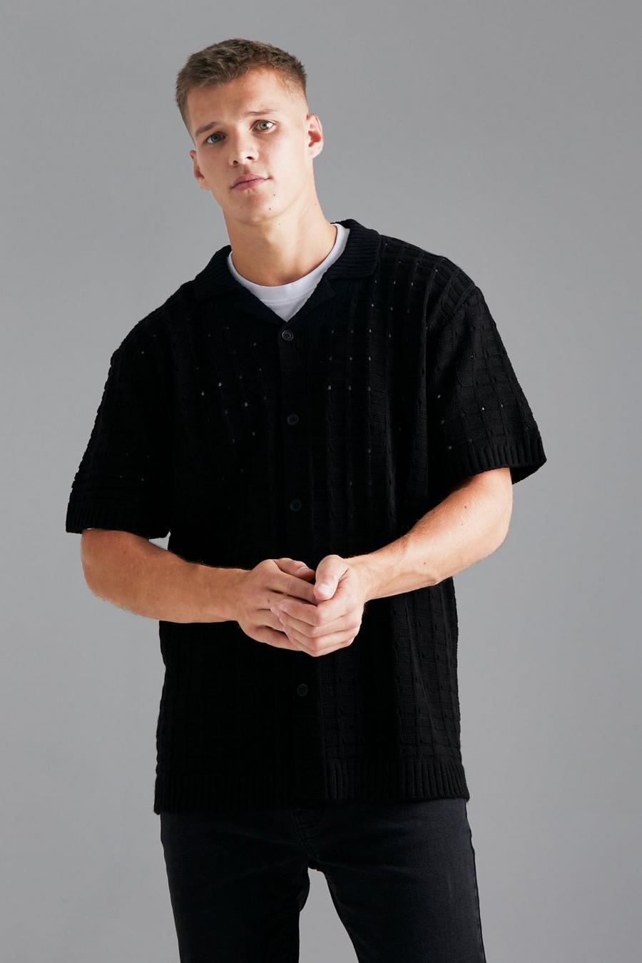 Black Tall Open Stitch Button Down Knitted Shirt image number 1