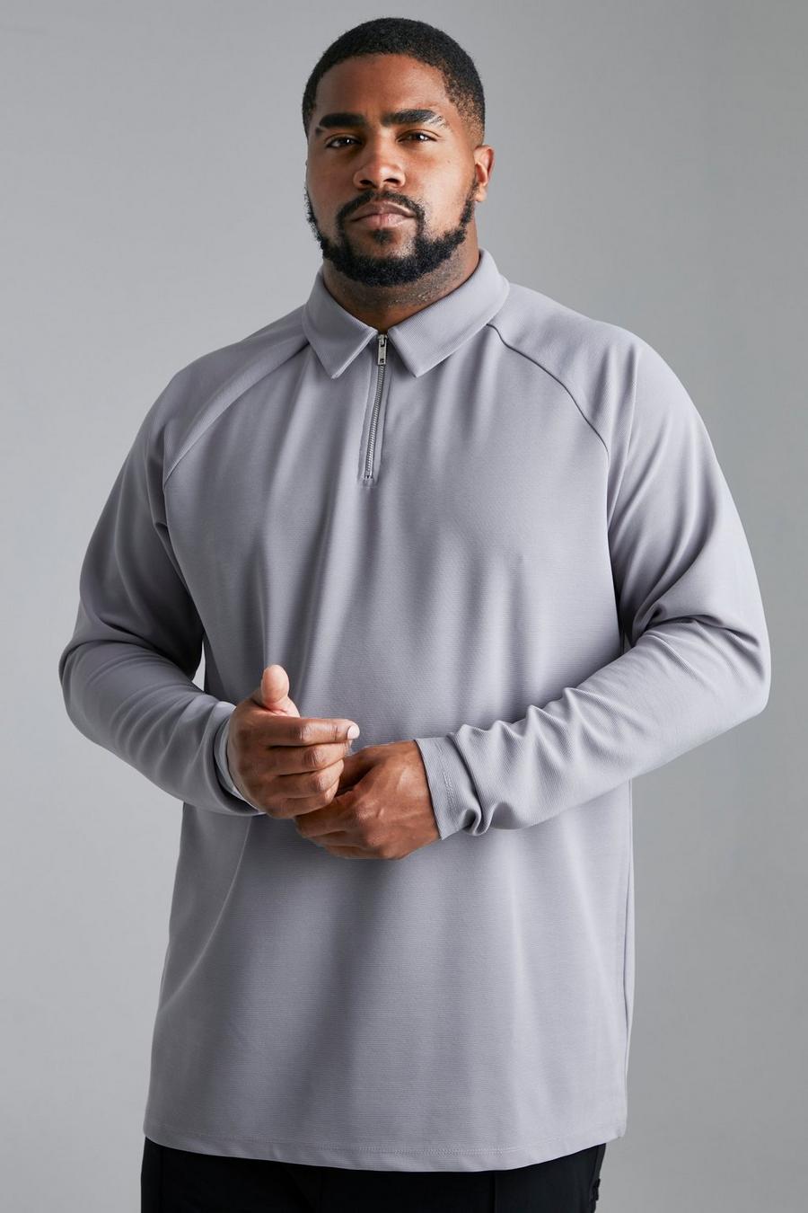 Grey Plus Slim Fit Zip Long Sleeve Jacquard Polo image number 1