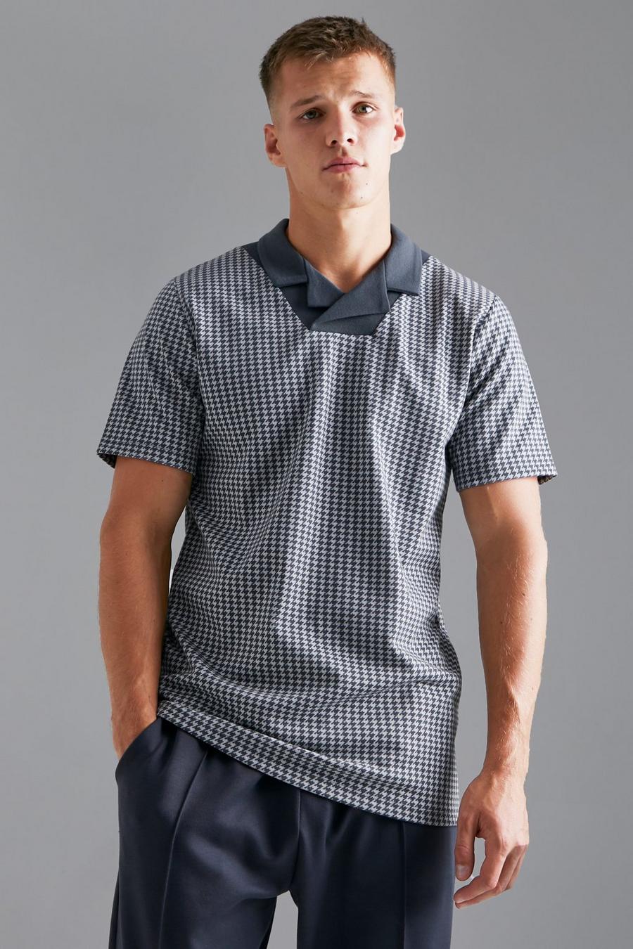 Polo Tall Slim Fit in jacquard a contrasto con rever, Slate blue image number 1
