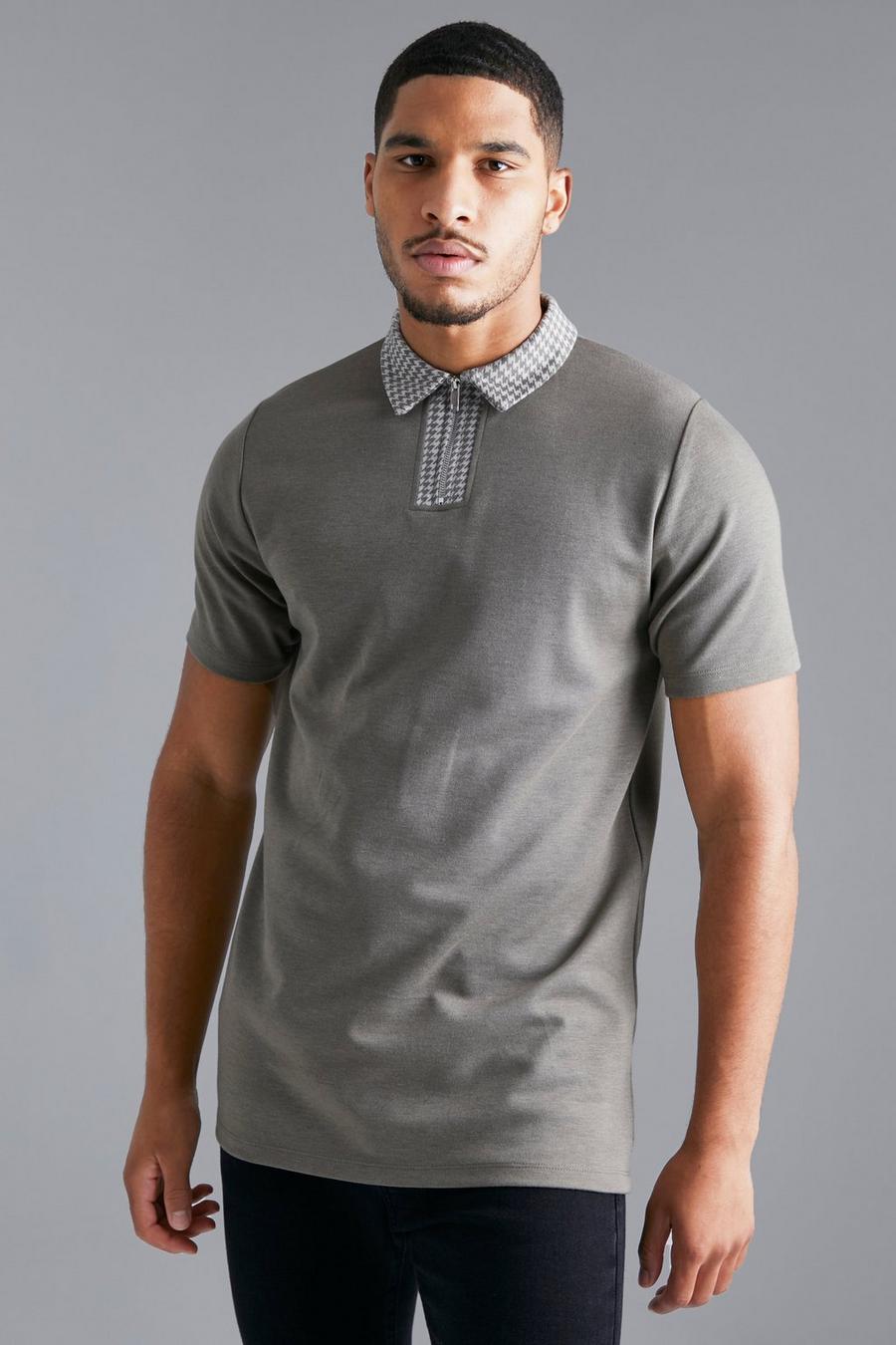 Stone beis Tall Slim Fit Jacquard Collar Zip Neck Polo