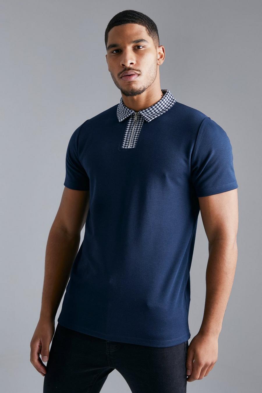 Navy Tall Slim Fit Jacquard Collar Zip Neck Polo image number 1