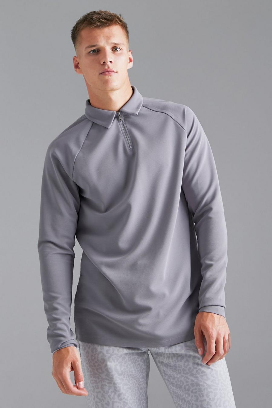 Grey Tall Slim Fit Zip Long Sleeve Jacquard Polo image number 1