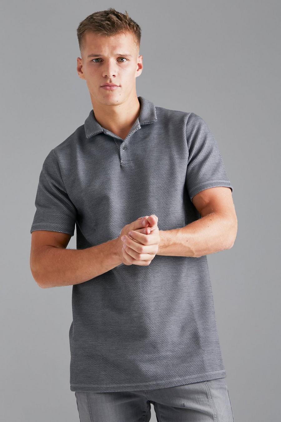 Grey Tall Slim Fit Revere Button Jacquard Polo image number 1