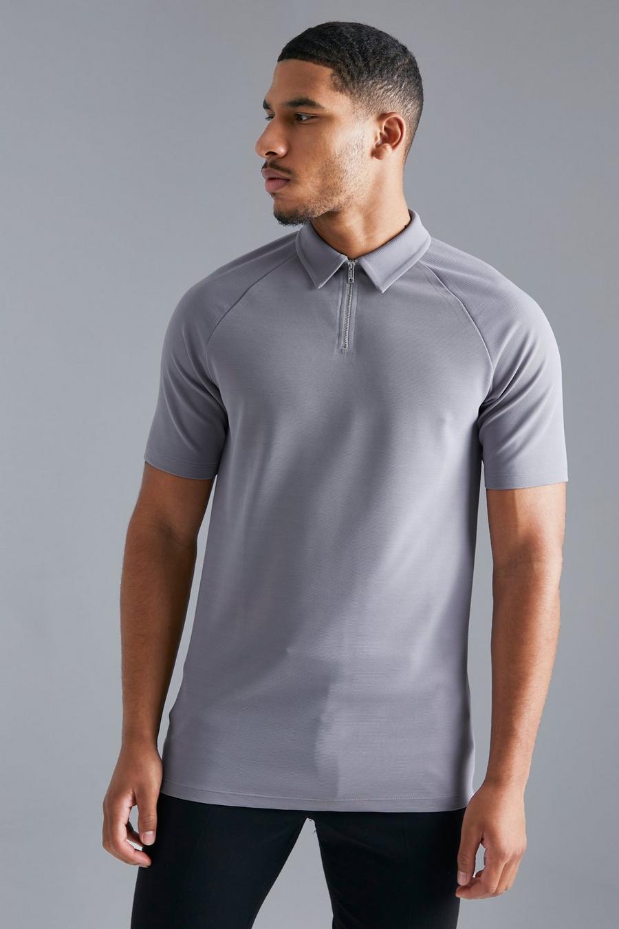 Grey Tall Slim Fit Raglan Zip Neck Jacquard Polo image number 1