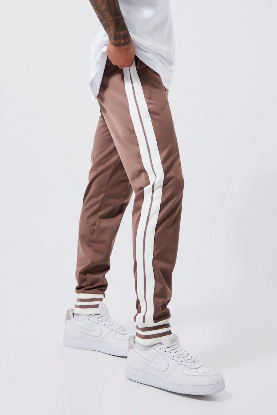Pantalón deportivo ajustado de tejido por urdimbre con franja, Coffee brown