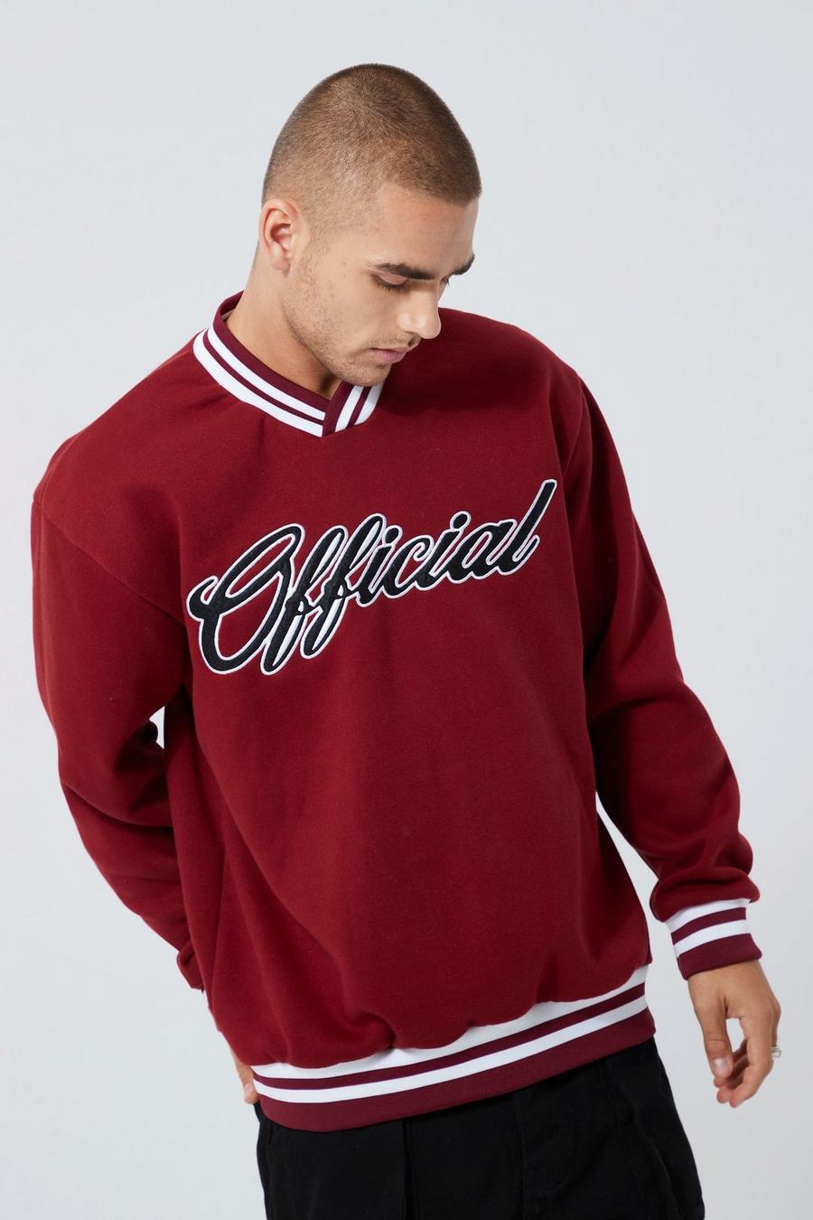 Oversize V-Ausschnitt Sweatshirt mit Official-Applikation, Burgundy rouge