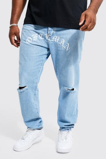 Plus Slim Fit Ofclman Print Rigid Denim Jean light blue