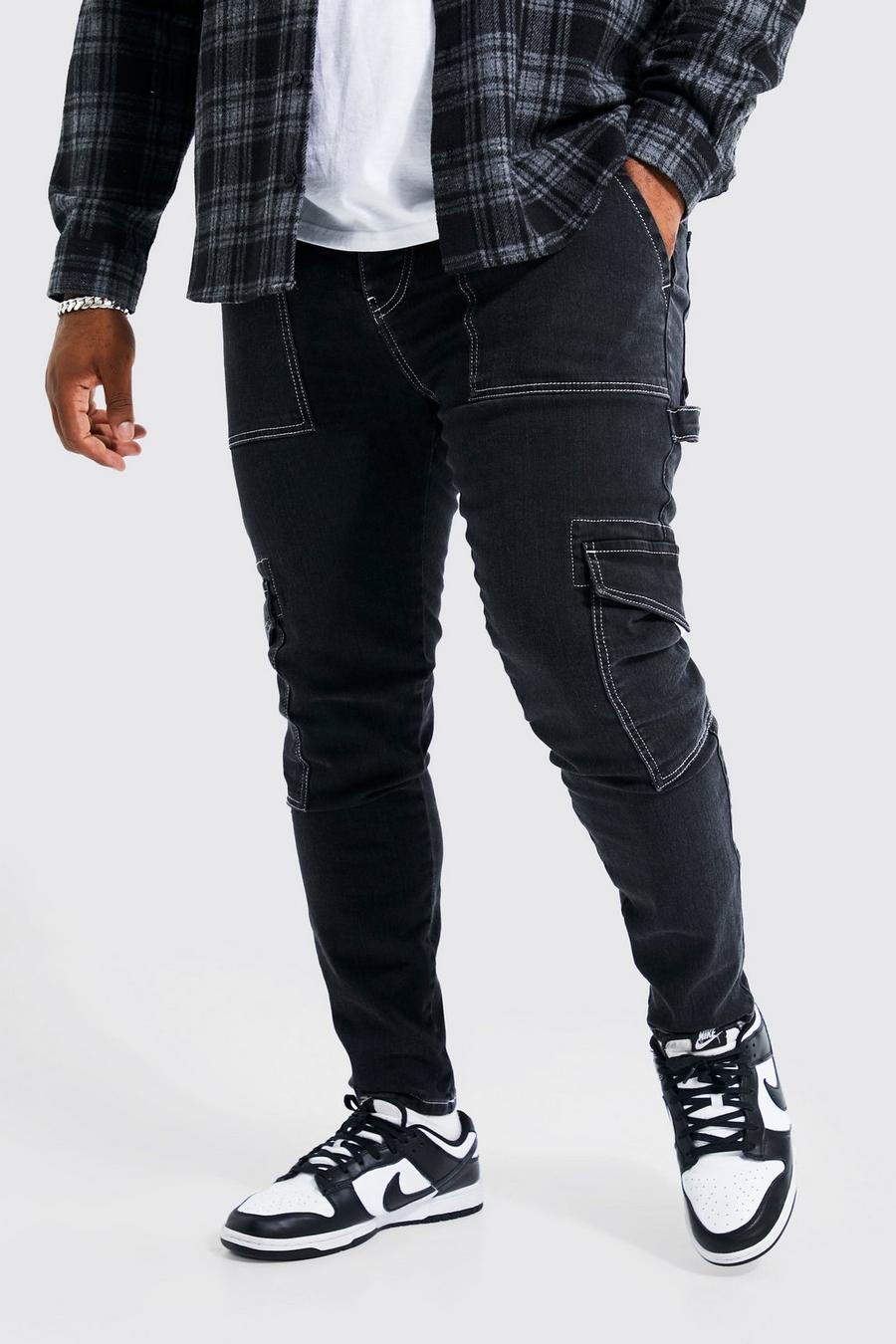 Plus Skinny Stretch Cargo-Jeans mit Naht-Detail, Washed black image number 1