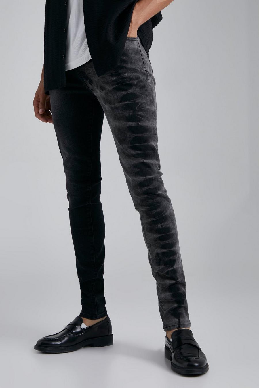 Jeans Tall Skinny Fit Stretch in fantasia tie dye a effetto patchwork, Black negro