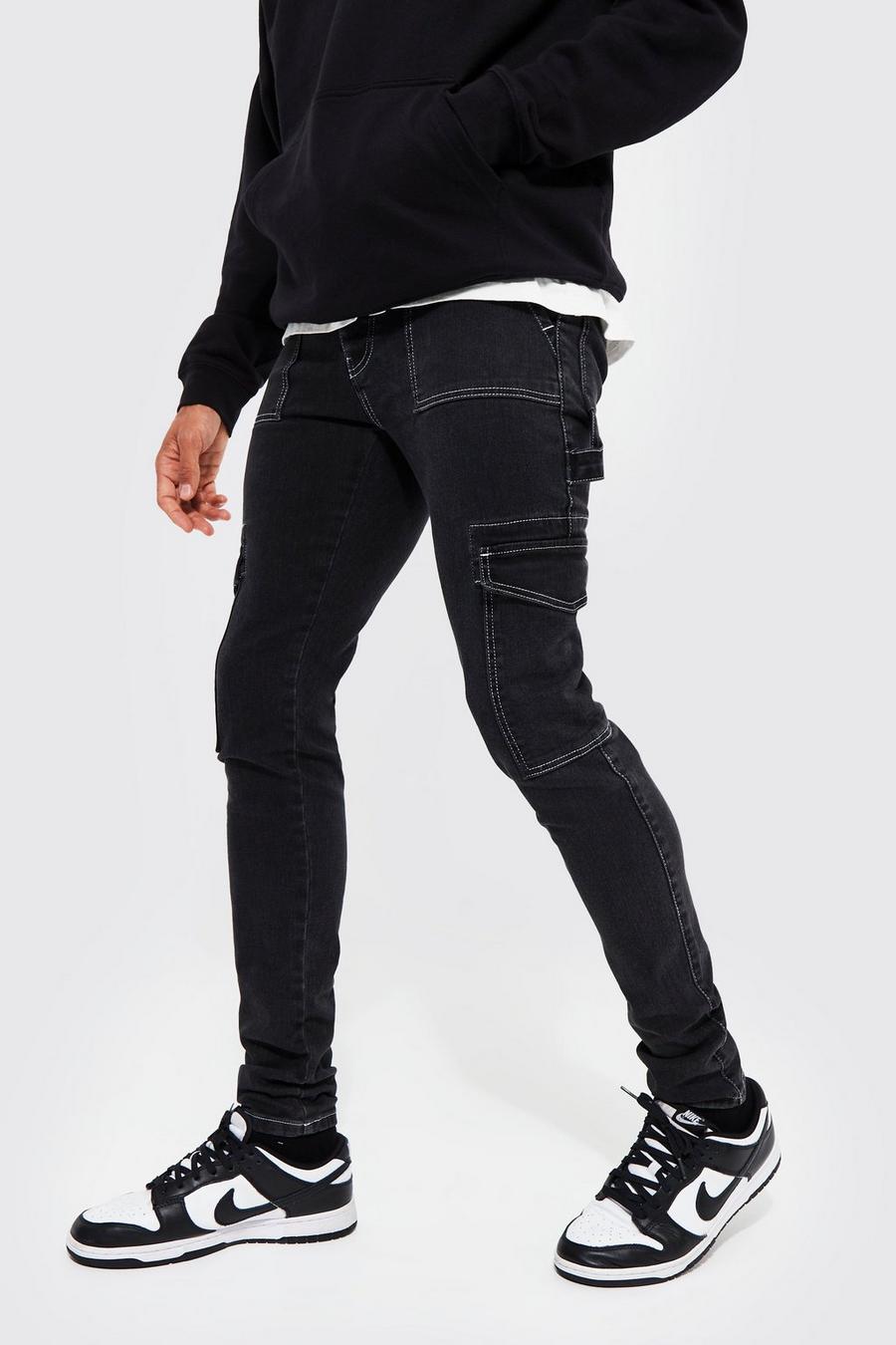 Washed black Tall Skinny Stretch Stitch Detail Cargo Jean