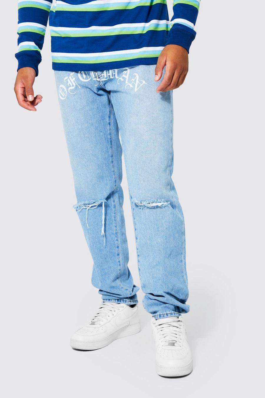 כחול בהיר azul ג'ינס קשיח בגזרת רגל ישרה עם הדפס Ofcl, לגברים גבוהים image number 1
