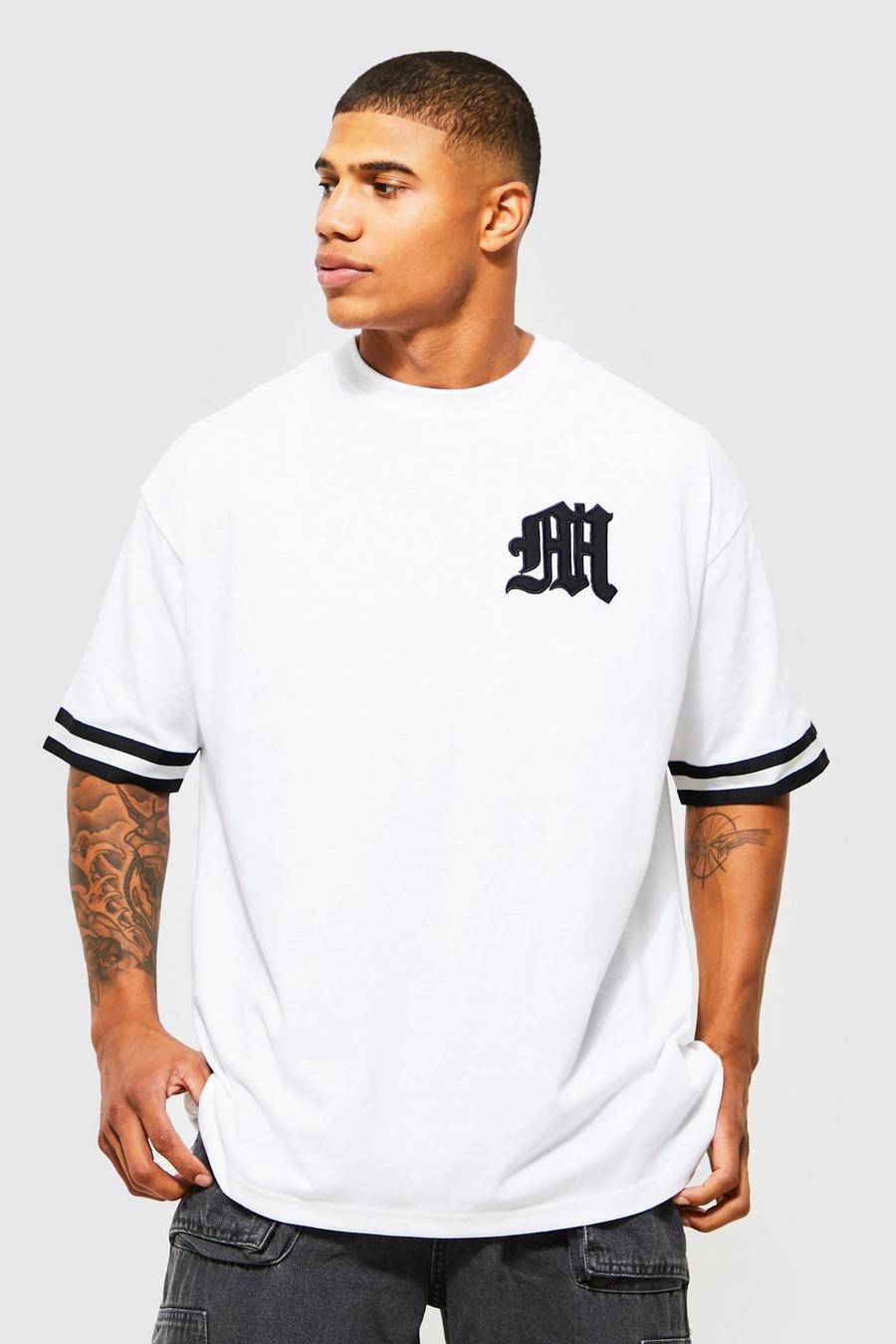 Camiseta oversize con aplique y estampado gráfico universitario, White blanco