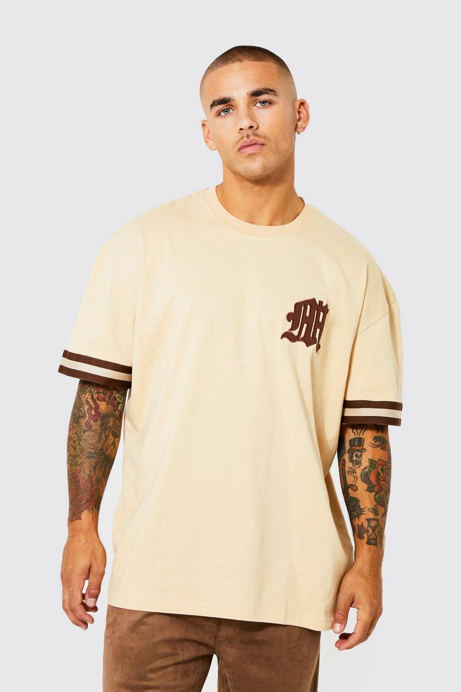Sand beige Oversized Varsity Applique Graphic T-shirt