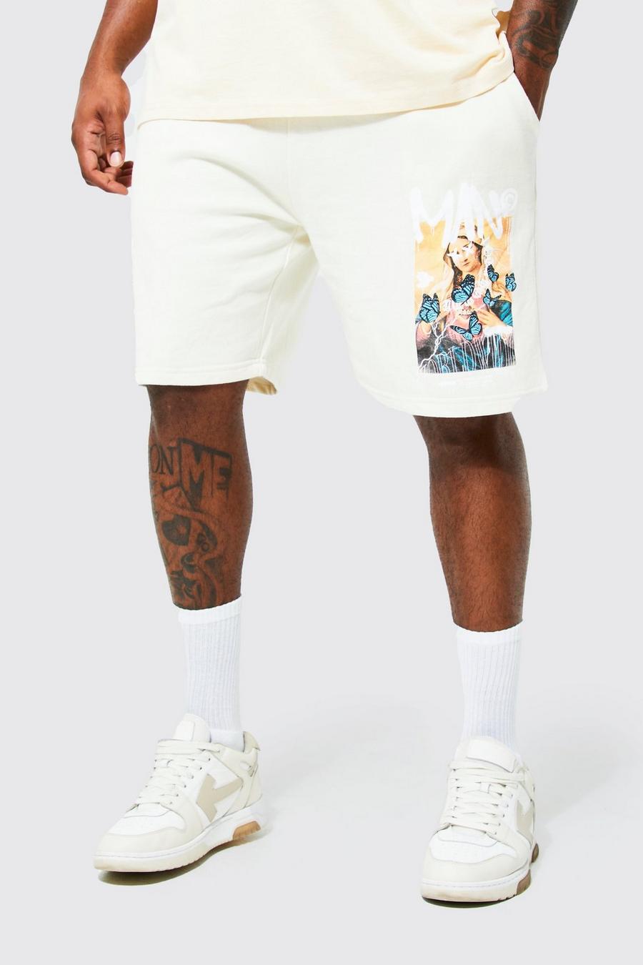 Pantalón corto Plus de tela jersey con estampado MAN renacentista, Ecru blanco image number 1