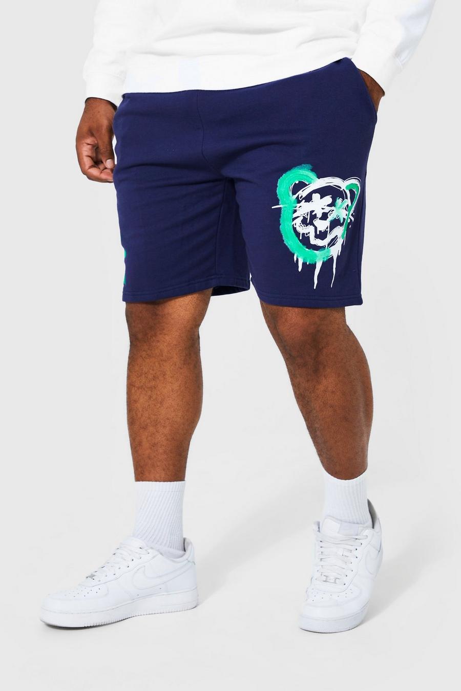 Navy azul marino Plus Spray Paint Teddy Print Jersey Shorts