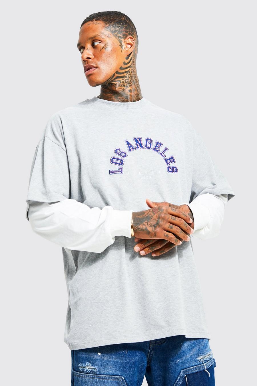 Grey marl Oversized Faux Layer La Graphic T-shirt image number 1