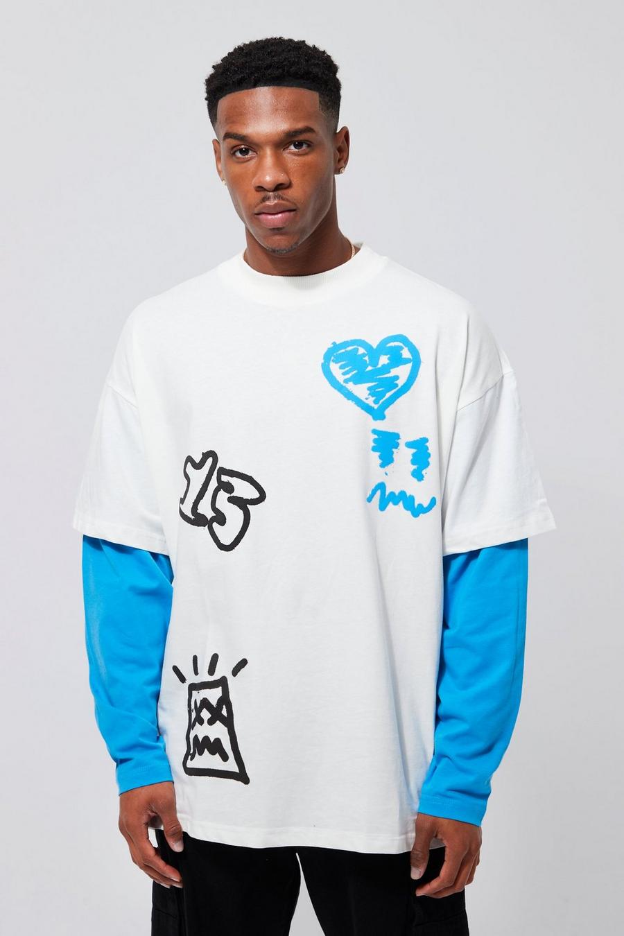 White Oversized Faux Layer Graffiti Graphic T-shirt image number 1
