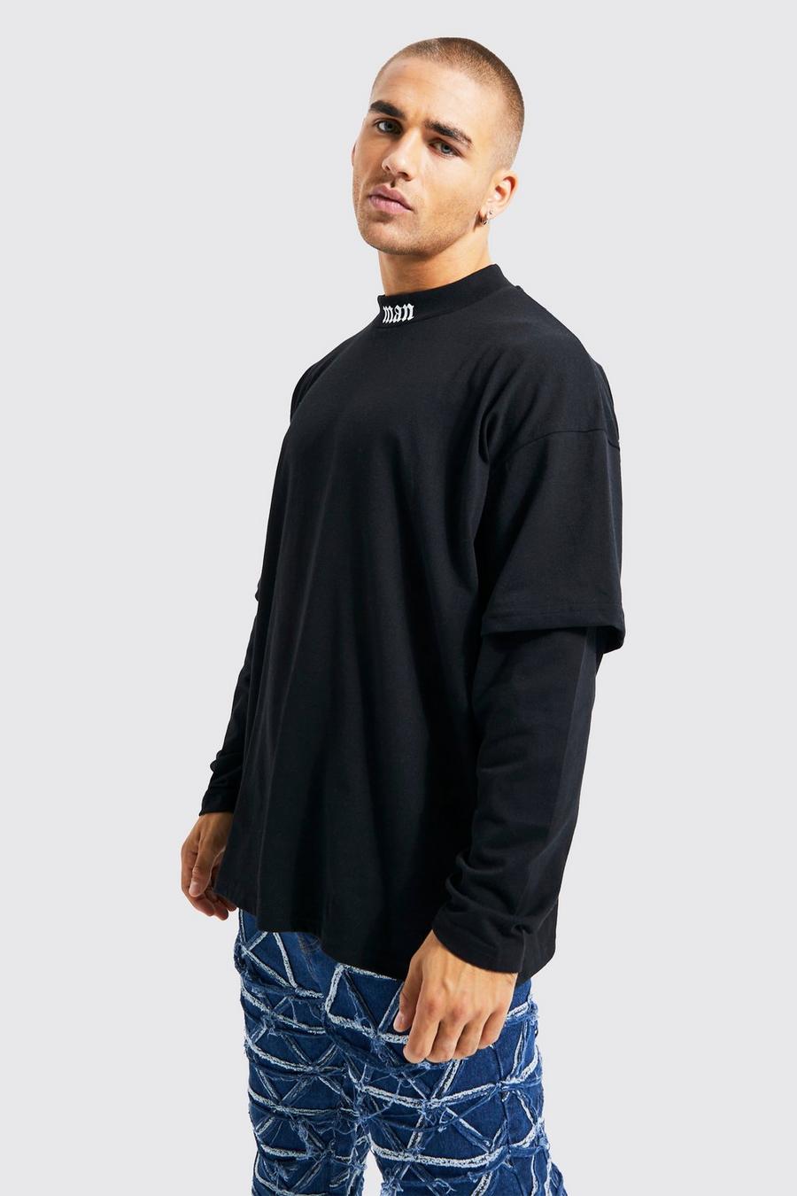 Black Oversized Faux Layer Man Neck Graphic T-shirt
