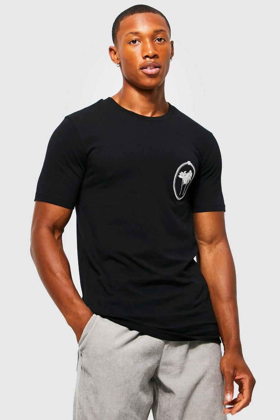 Camiseta ajustada al músculo con bordado y estampado gráfico de palmeras, Black nero image number 1
