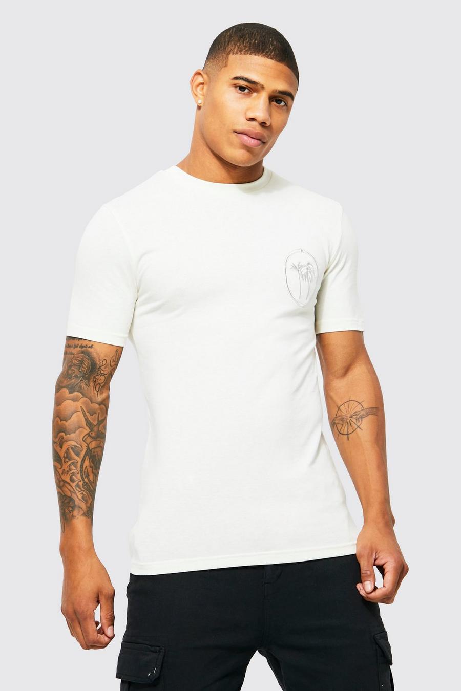 Camiseta ajustada al músculo con bordado y estampado gráfico de palmeras, Sand beige