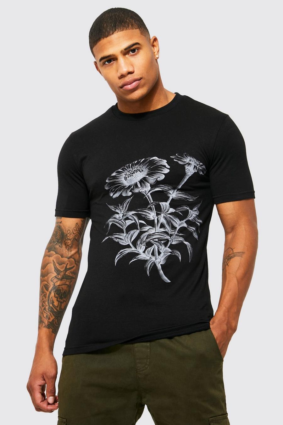 Black Muscle Fit Floral Graphic T-shirt image number 1