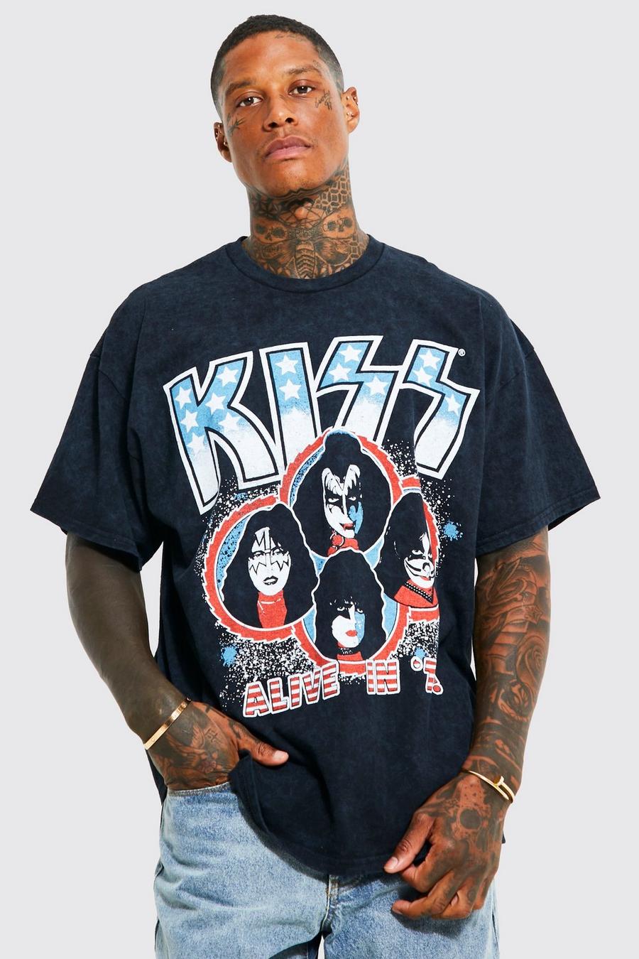 Camiseta oversize con estampado de Kiss desteñido, Charcoal image number 1