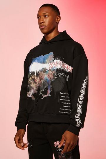 Boxy Renaissance Puff Print Hoodie black