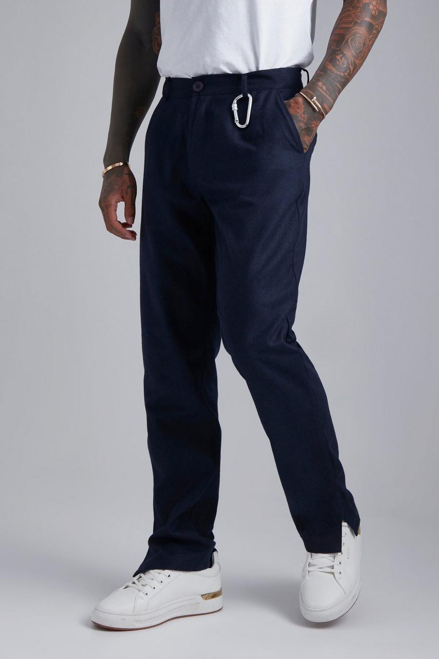 Navy blu oltremare Fixed Waist Straight Wool Look Split Hem Trouser