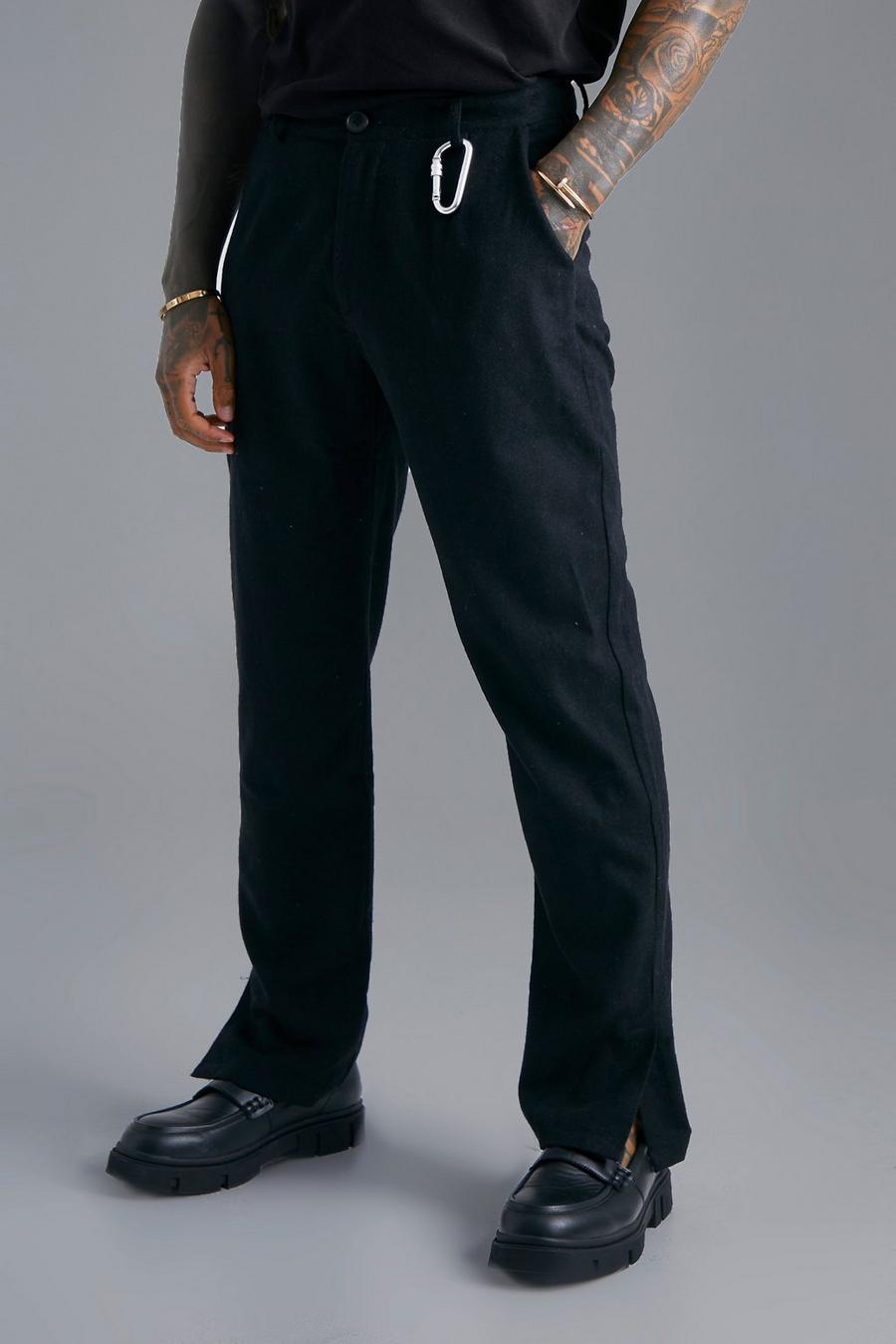 Pantaloni dritti effetto lana con spacco sul fondo e vita fissa, Black negro