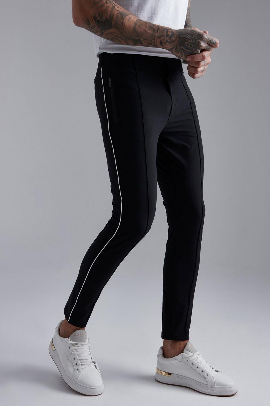 Pantaloni Slim Fit in Stretch tecnico con cordoncino, Black negro