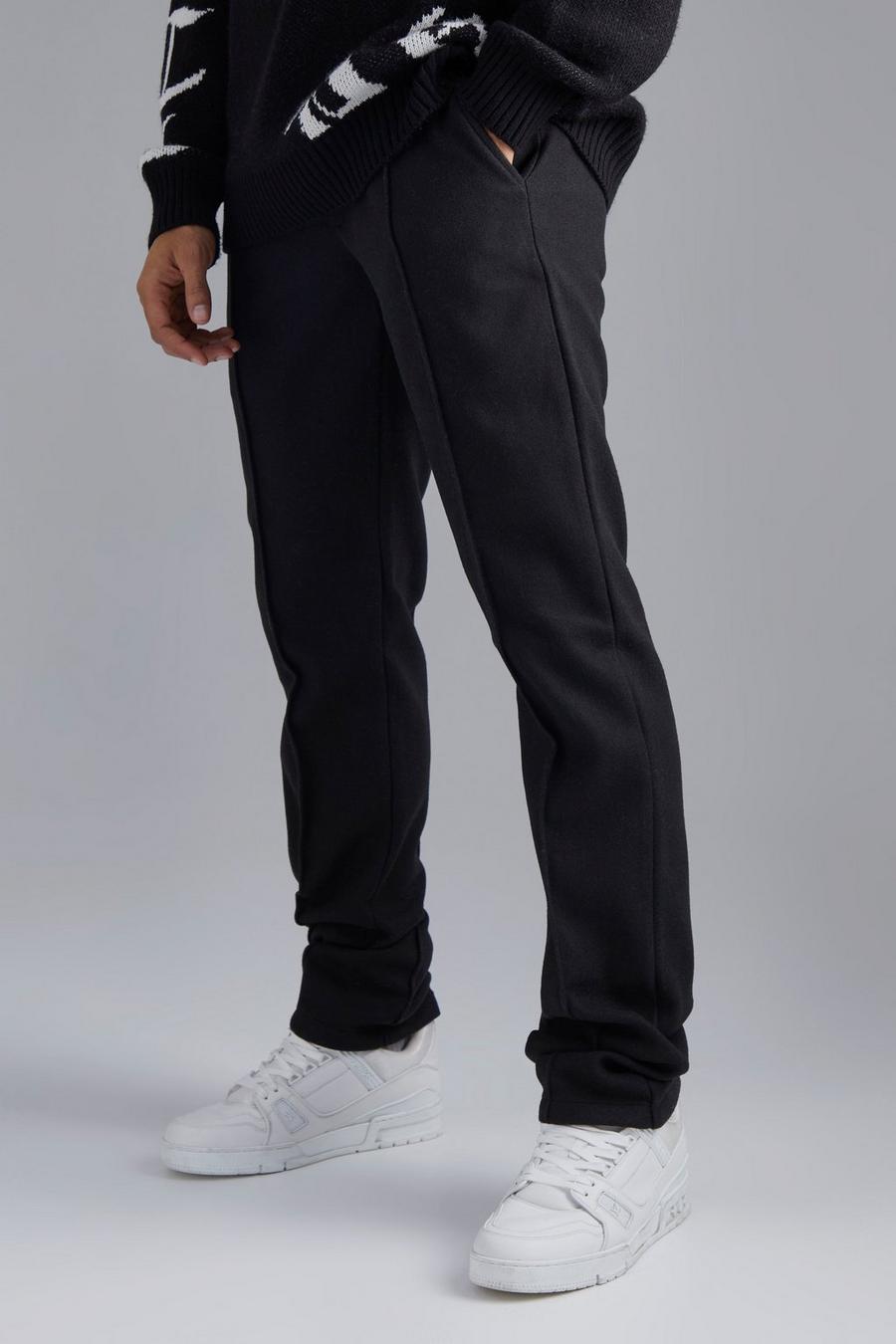 Black Fixed Waist Straight Wool Look Stacked Trouser image number 1