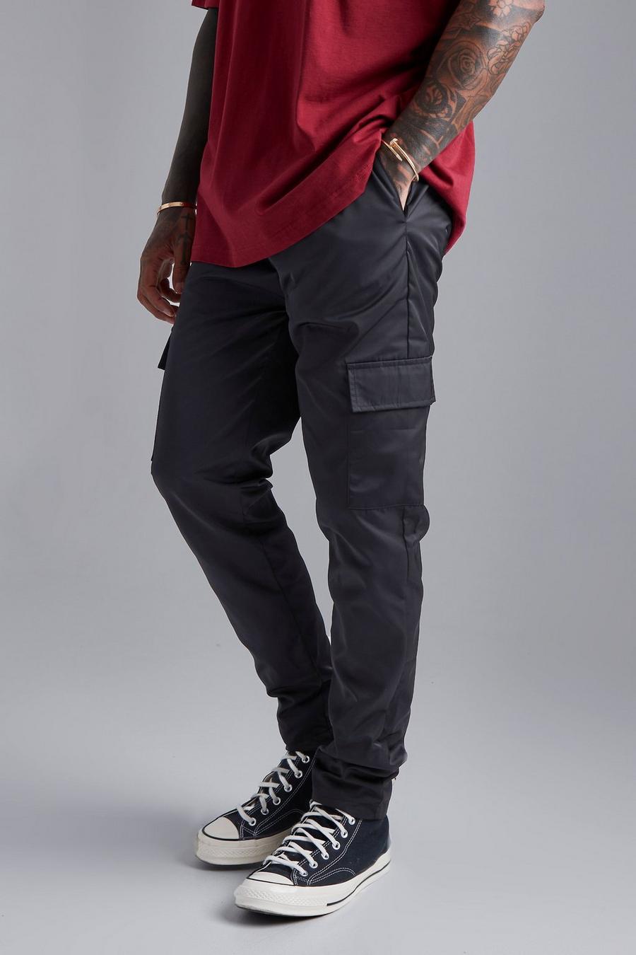 Black Elastic Waist Slim Fit Smart Drawcord Cargo Trouser image number 1