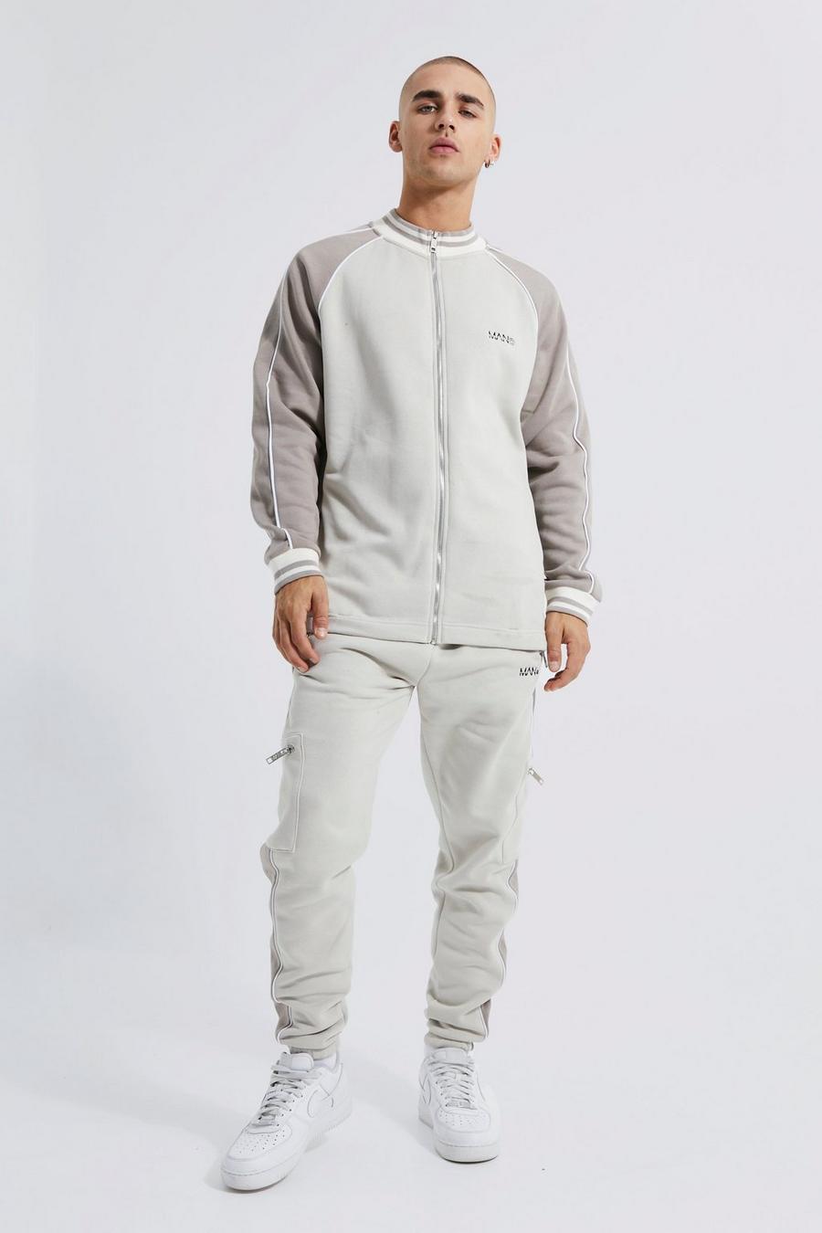 Stone Colour Block Cargo Funnel Neck Tracksuit image number 1