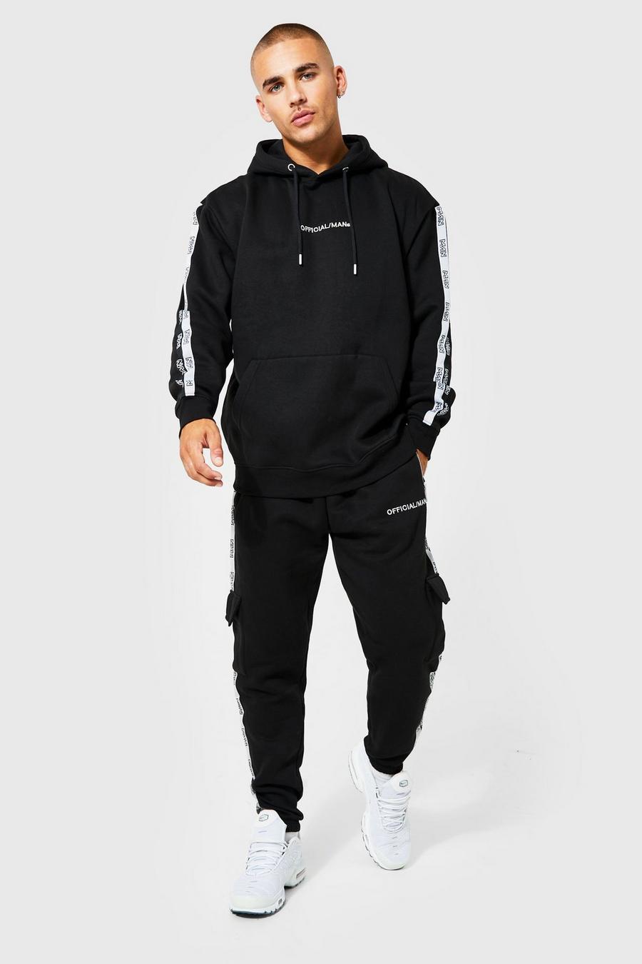 Black Official Man Tape Cargo Hooded Tracksuit image number 1