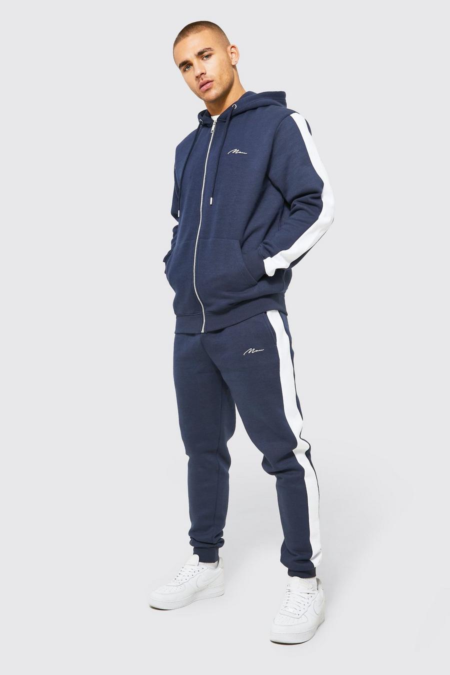Navy Man Side Panel Zip Through Hooded Tracksuit image number 1