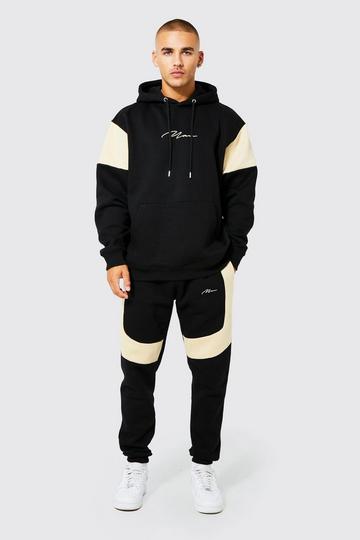 Black Oversized Man Colour Block Hooded Tracksuit