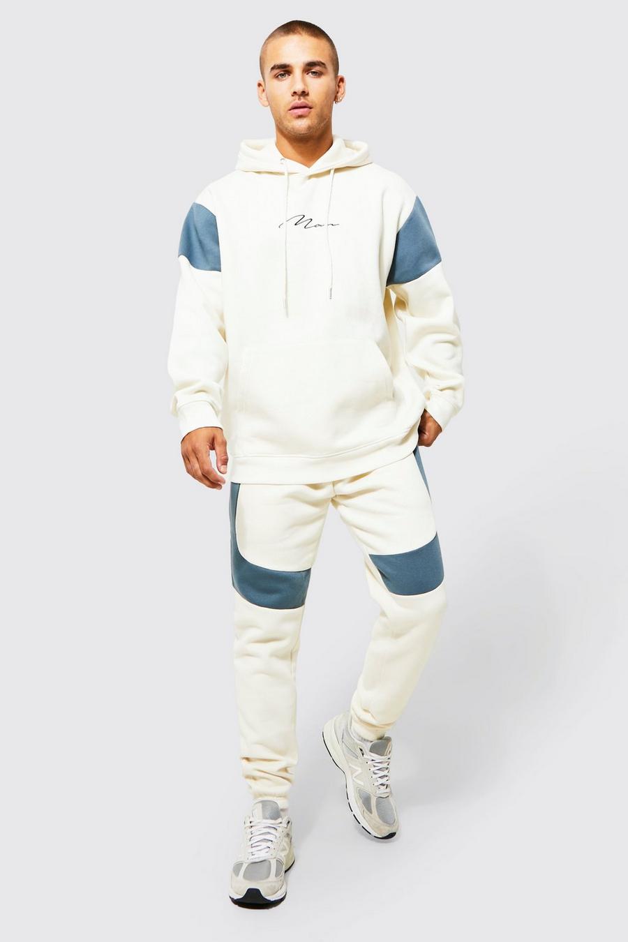 Oversize Man Colorblock Trainingsanzug mit Kapuze, Ecru weiß