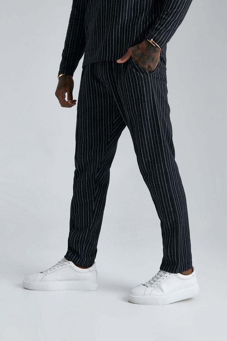 Pantaloni tuta affusolati in jacquard a righe, Black image number 1