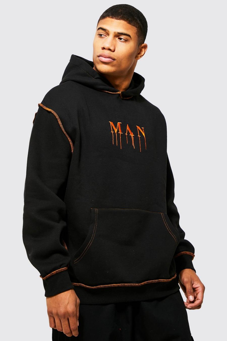 Black Oversized Contrast Stitch Man Graphic Hoodie image number 1