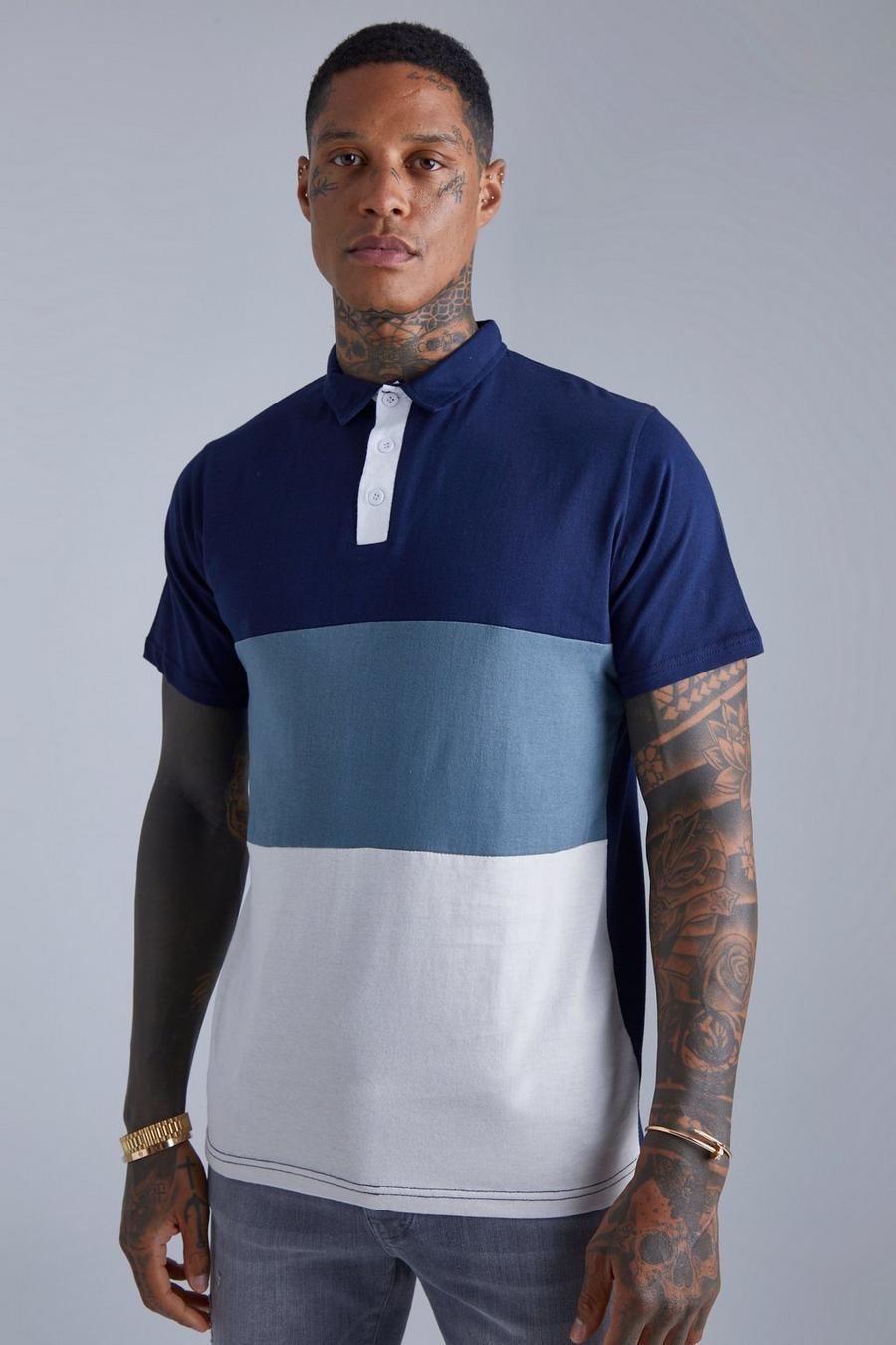 Navy Slim Fit Colour Block Polo image number 1