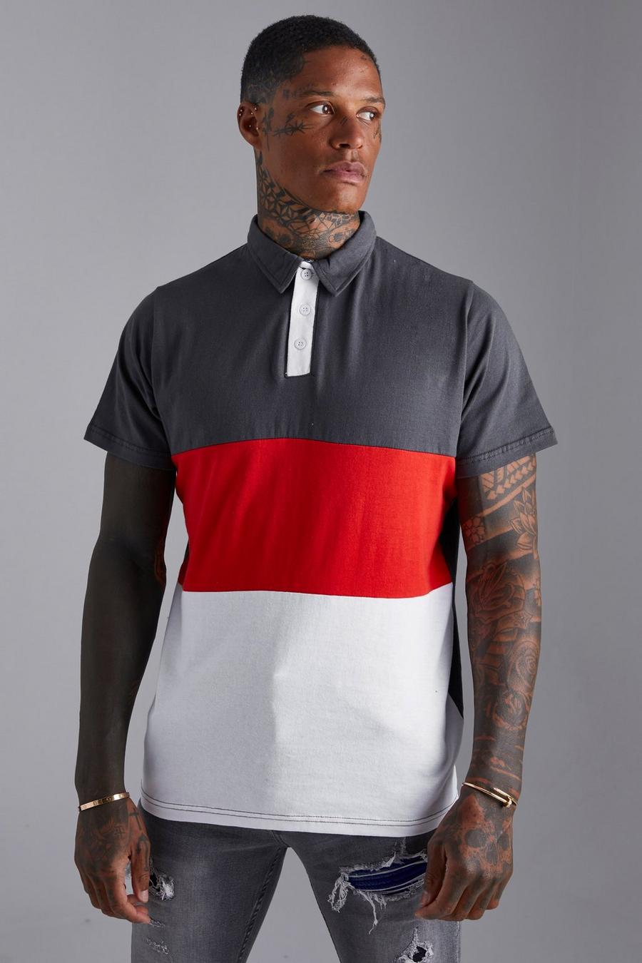 Charcoal Slim Fit Colour Block Polo  image number 1