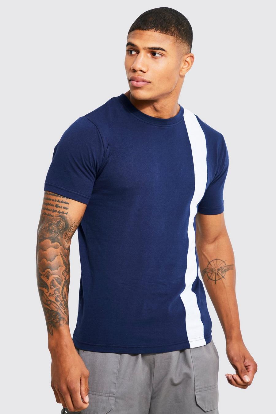 Navy Muscle Fit Colour Block T-shirt